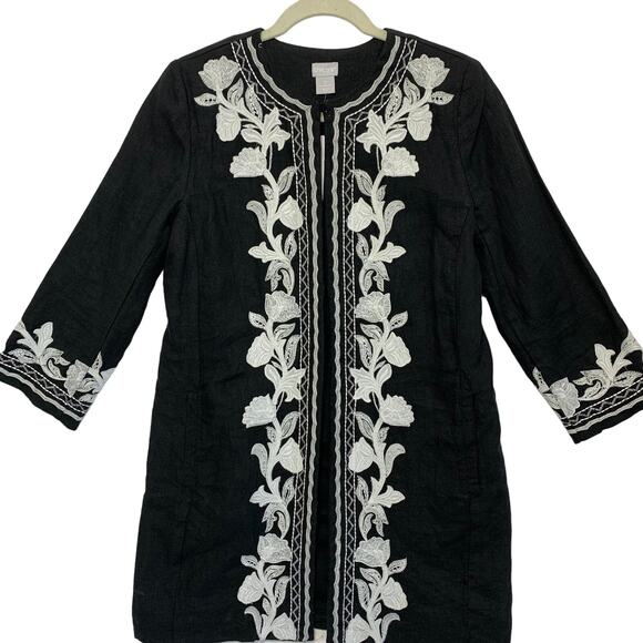 Chico's Novelty 3/4 Sleeve Floral Linen Topper Jacket NWT Women's Sz 0 (S) Black - Picture 4 of 7